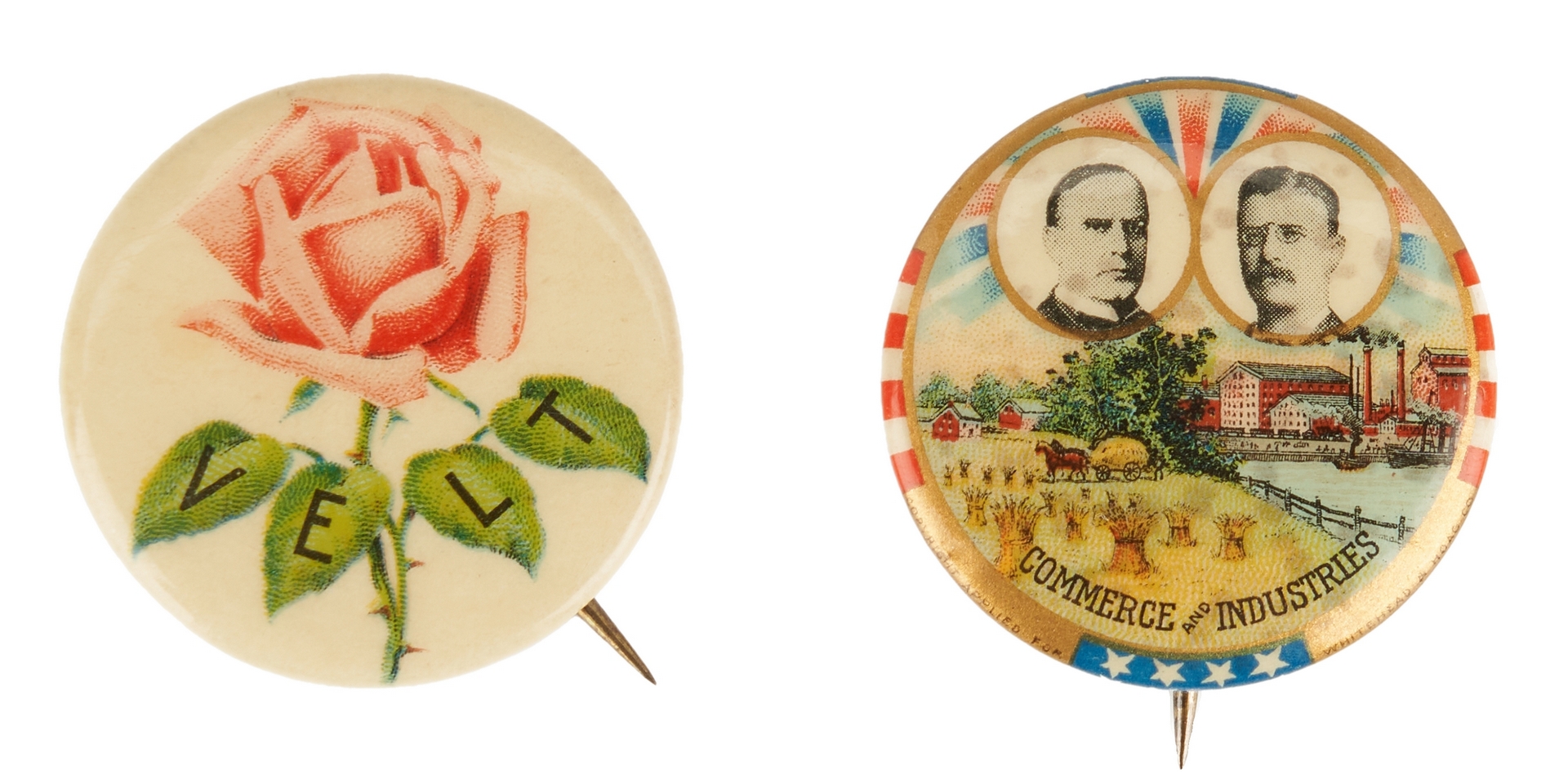 Lot 1008: 2 McKinley and Roosevelt Buttons, incl. Commerce and Industries