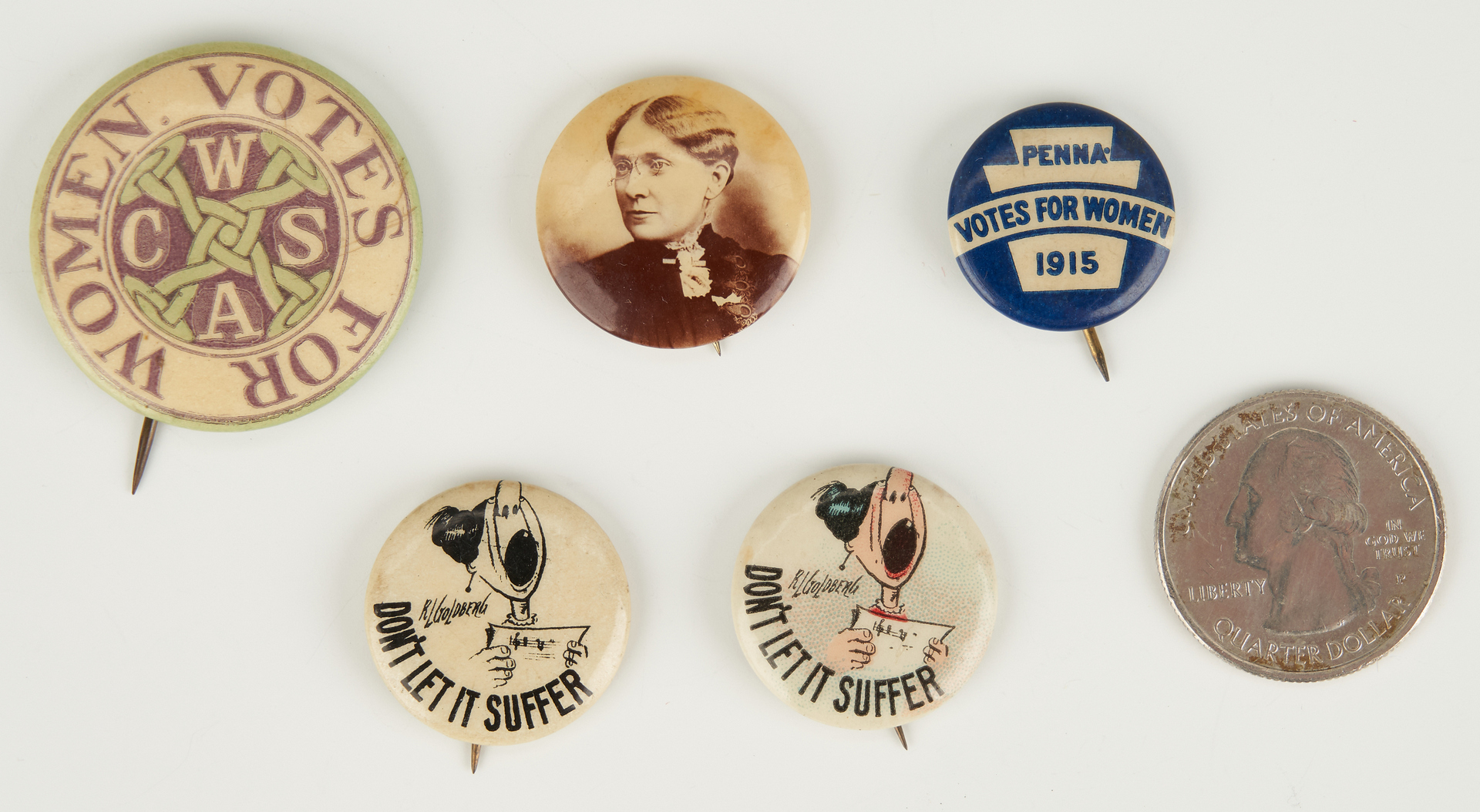 Lot 1018: 5 Women's Suffrage Buttons, incl. CWSA Votes for Women