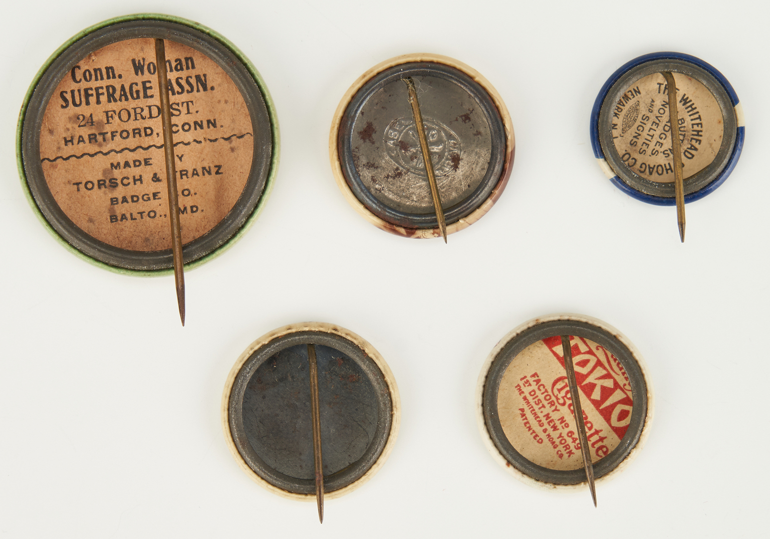 Lot 1018: 5 Women's Suffrage Buttons, incl. CWSA Votes for Women