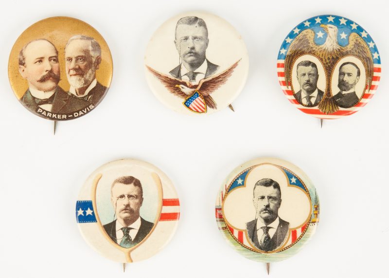 Lot 1023: 5 Political Buttons, incl. Parker/Davis, T. Roosevelt