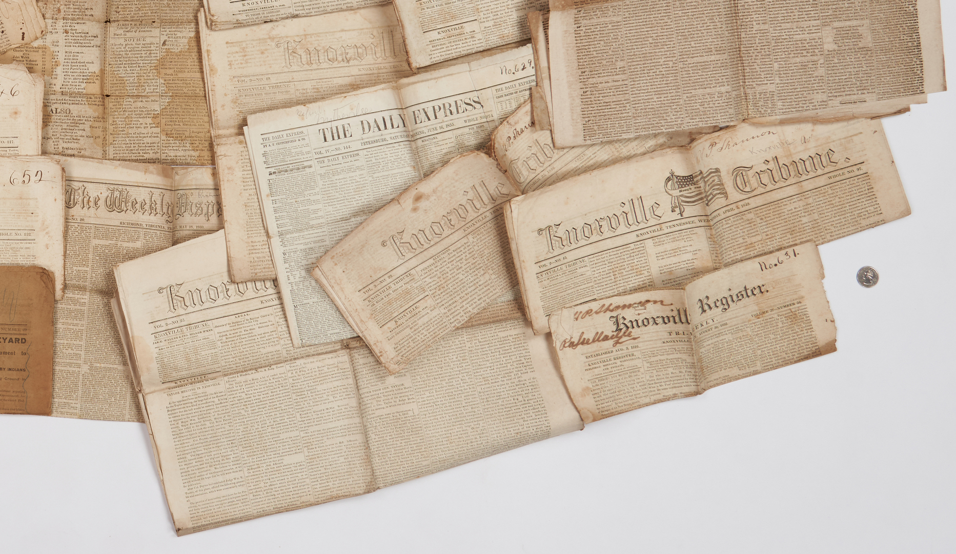 Lot 1028: 31 Pre Civil War Newspapers, incl. Brownlow Whig