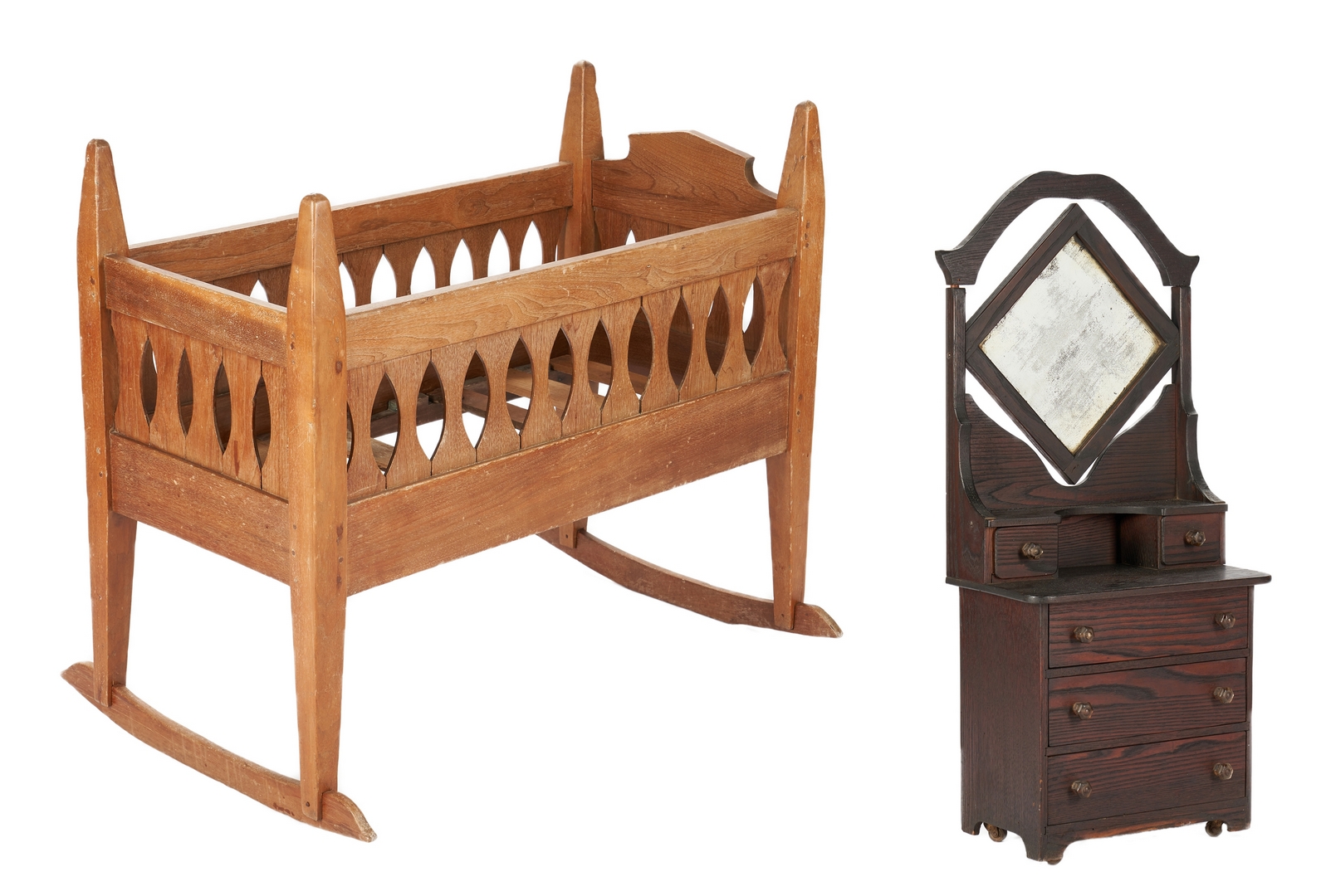 Lot 1065: Paint Decorated Crib, Cradle, & Miniature Dresser