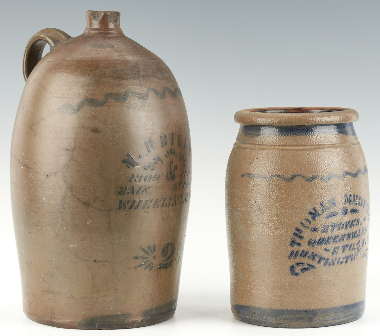 Lot 1070: WV Cobalt Decorated Stoneware Jug & Jar, Medford & Reilly, Two (2) Items