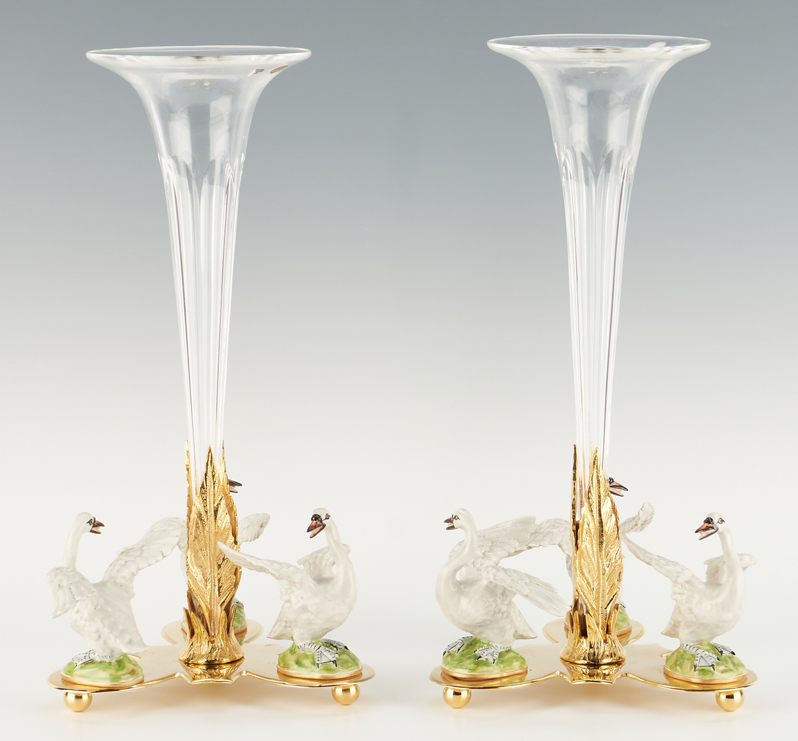 Lot 1083: Pair Cain Collection Trumpet Vase Centerpieces w/ Swans