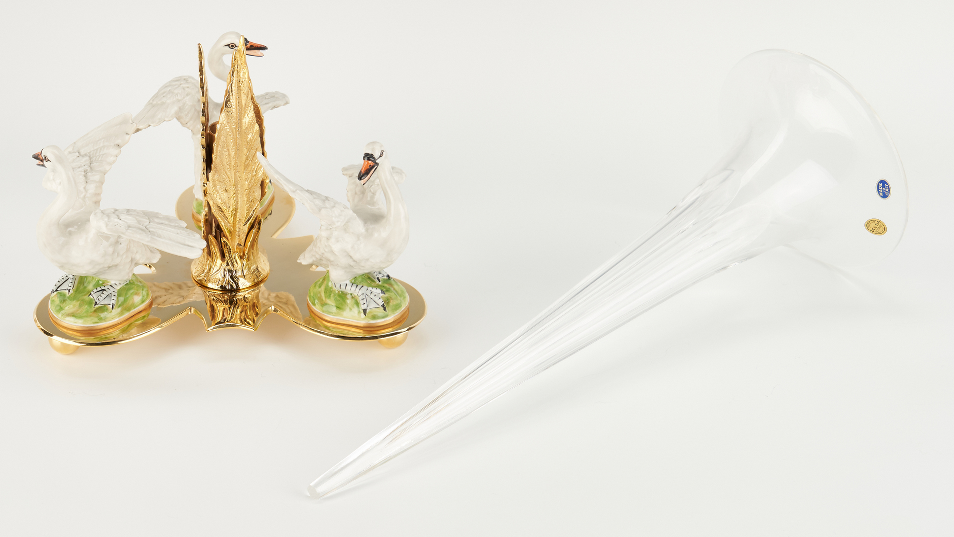 Lot 1083: Pair Cain Collection Trumpet Vase Centerpieces w/ Swans