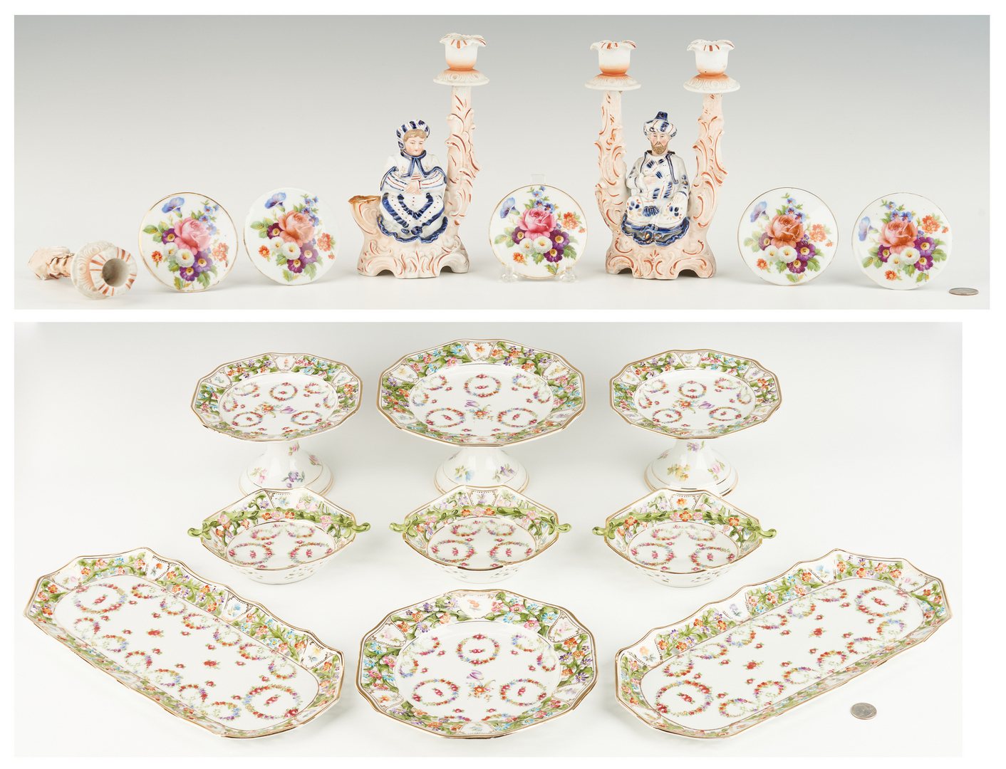 Lot 1088: Porcelain Dessert Set, Nodder Candlesticks and Tiebacks