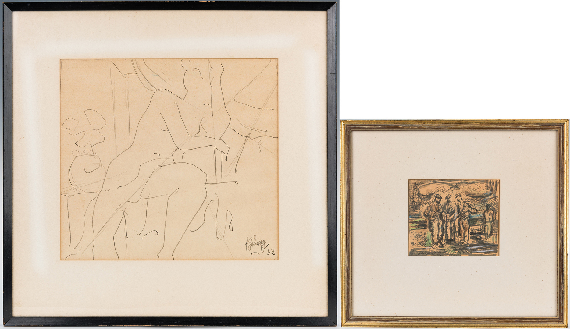 Lot 1125: H.C. Bornholm Watercolor, Painting of Workers & Abstract Nude Drawing