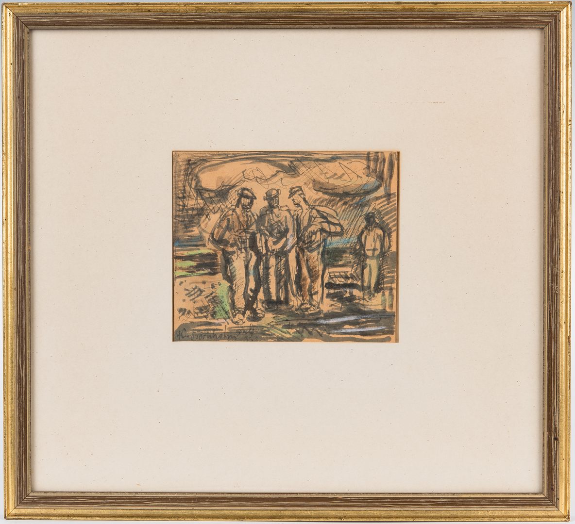 Lot 1125: H.C. Bornholm Watercolor, Painting of Workers & Abstract Nude Drawing