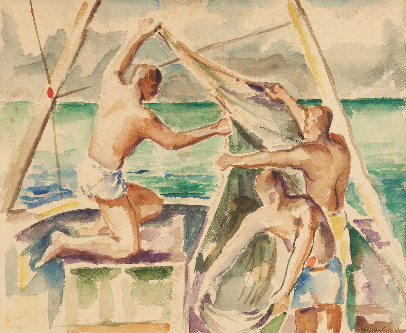 Lot 1135: Gus Baker Watercolor of Men on Sailboat