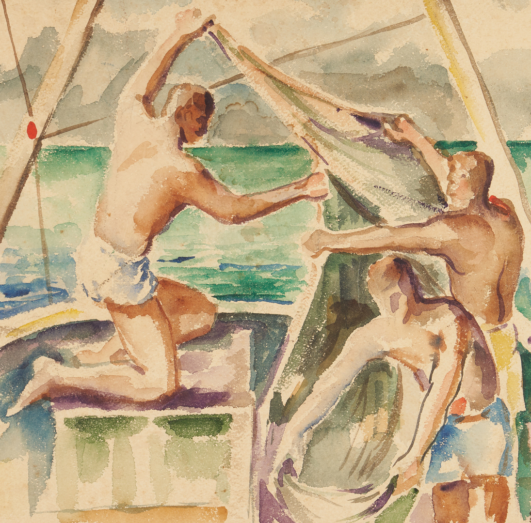 Lot 1135: Gus Baker Watercolor of Men on Sailboat