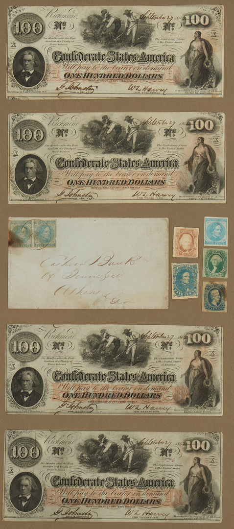 Lot 1155: T-64 $500 CSA Note, Framed Currency and Stamps, incl. T-41 $100