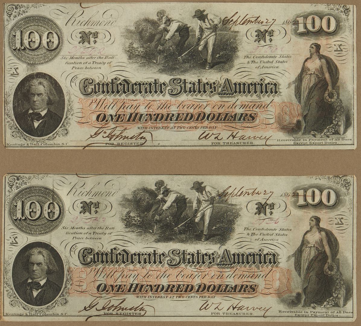Lot 1155: T-64 $500 CSA Note, Framed Currency and Stamps, incl. T-41 $100