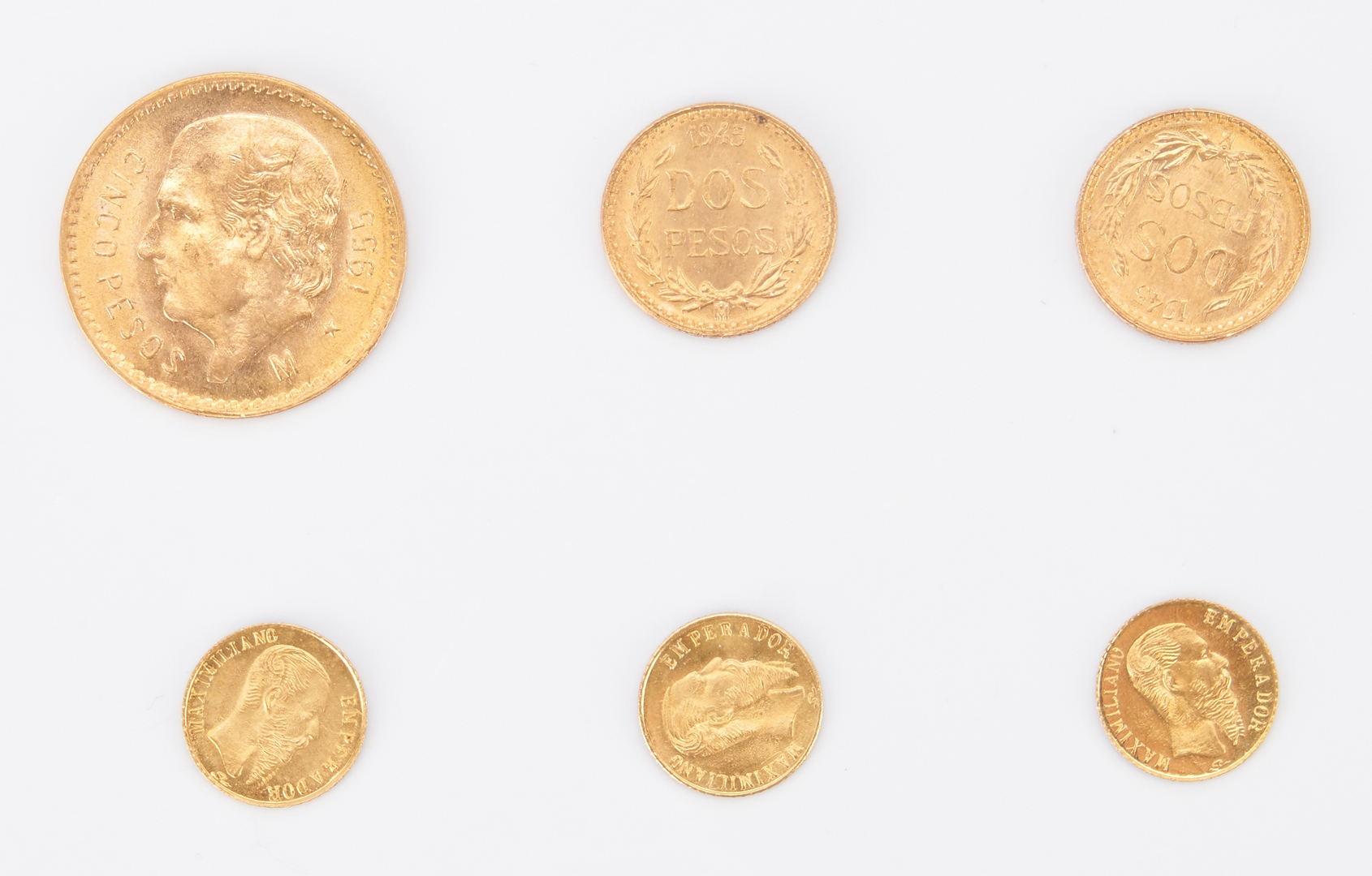 Lot 1163: 5 Mexican Restrike Gold Coins, incl. 1945-55 Pesos