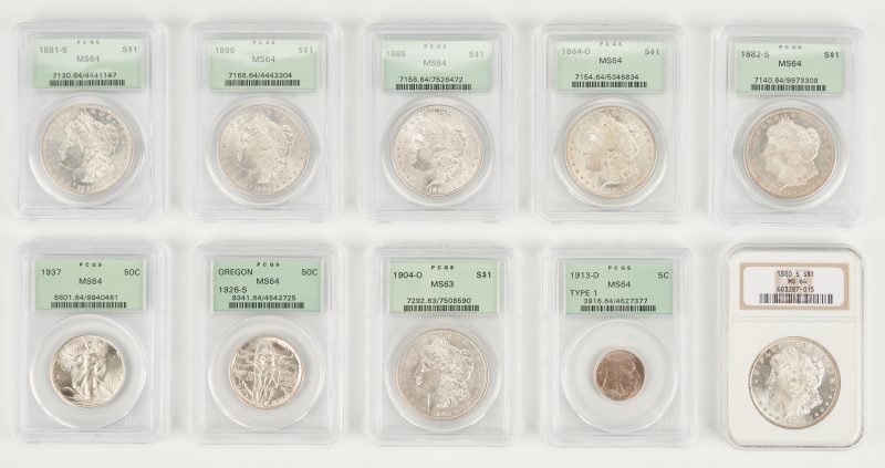 Lot 1166: 10 PCGS or ANA Graded Coins, incl. Morgan Dollars