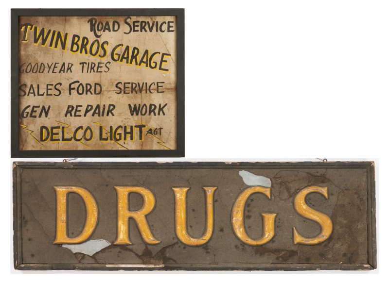 Lot 1174: 2 Painted Advertising Signs, Garage and Pharmacy