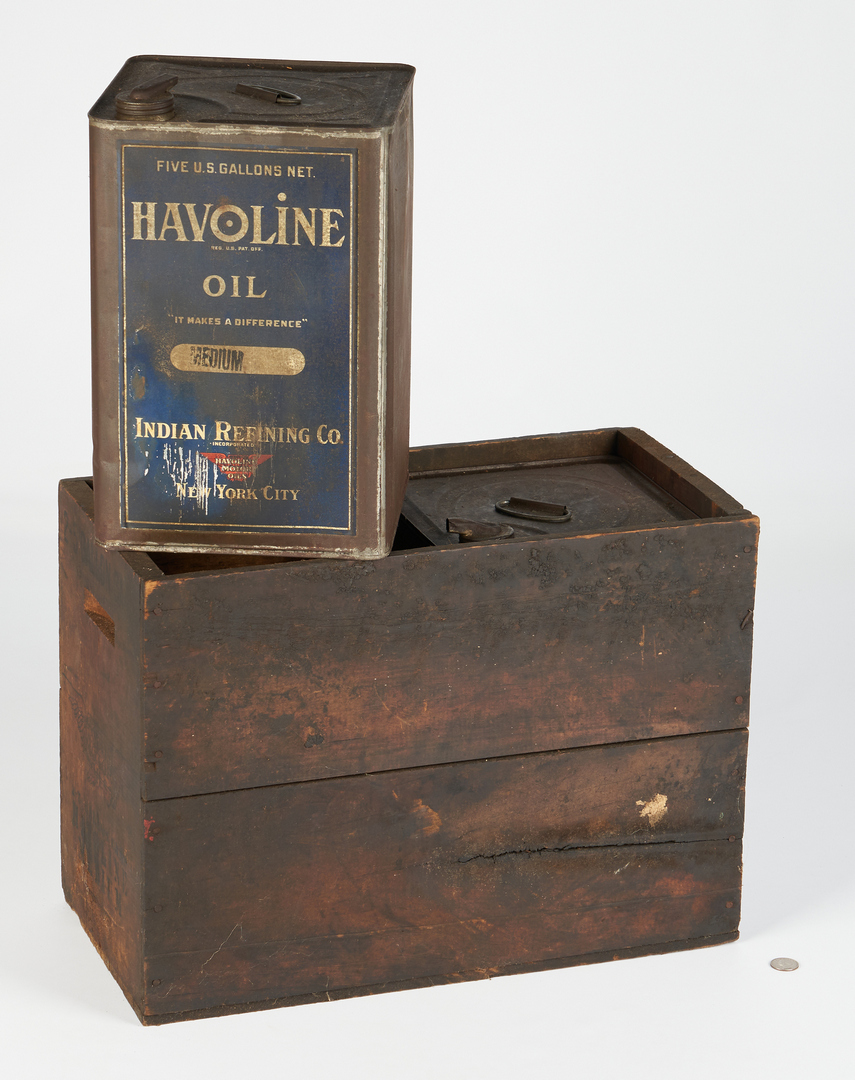 Lot 1177: 2 Havoline 5-Gallon Oil Cans & Crate