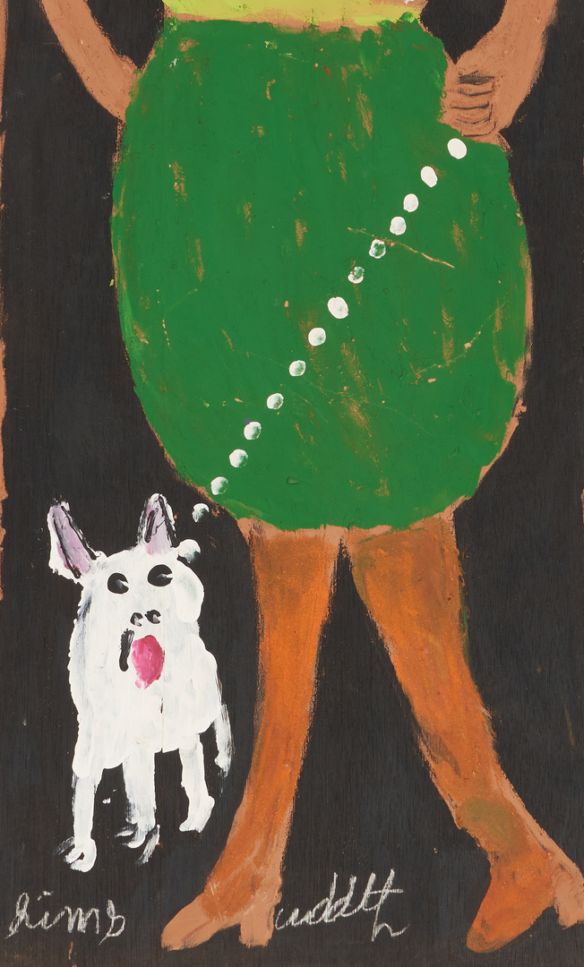 Lot 151: J. L. Sudduth Folk Art Painting, Woman Walking Dog