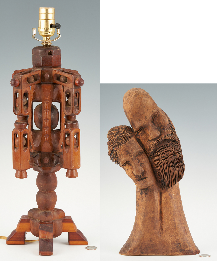 Lot 197: Clarence Stringfield Carving + Prison Art Lamp, 2 items
