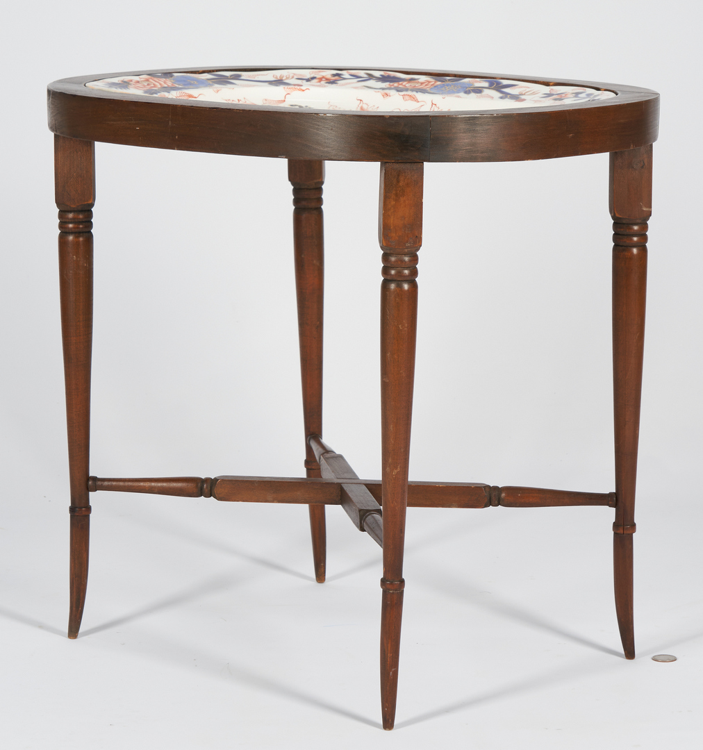 Lot 240: Labeled Writing Desk and Imari Platter Stand, 2 items
