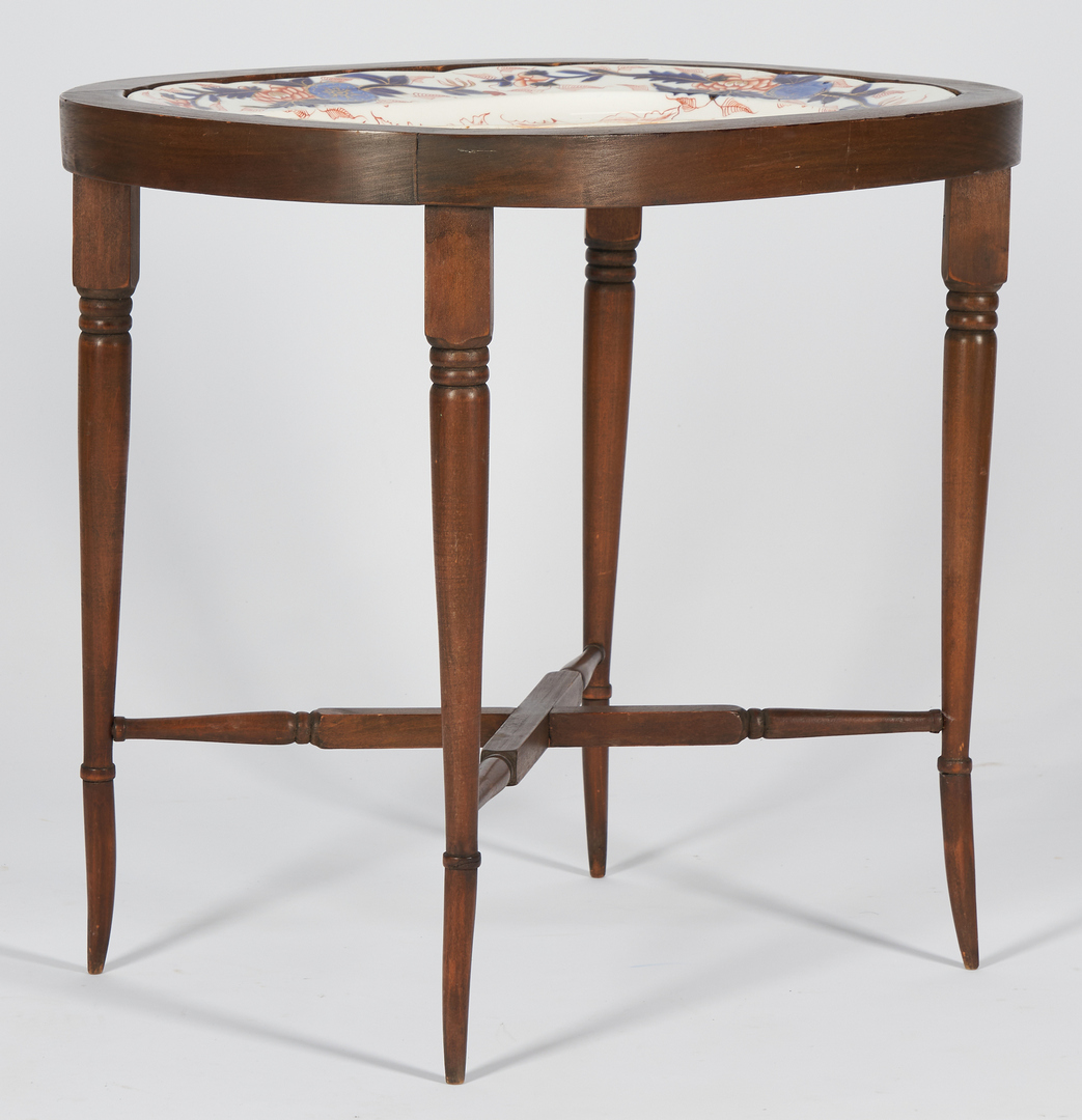 Lot 240: Labeled Writing Desk and Imari Platter Stand, 2 items
