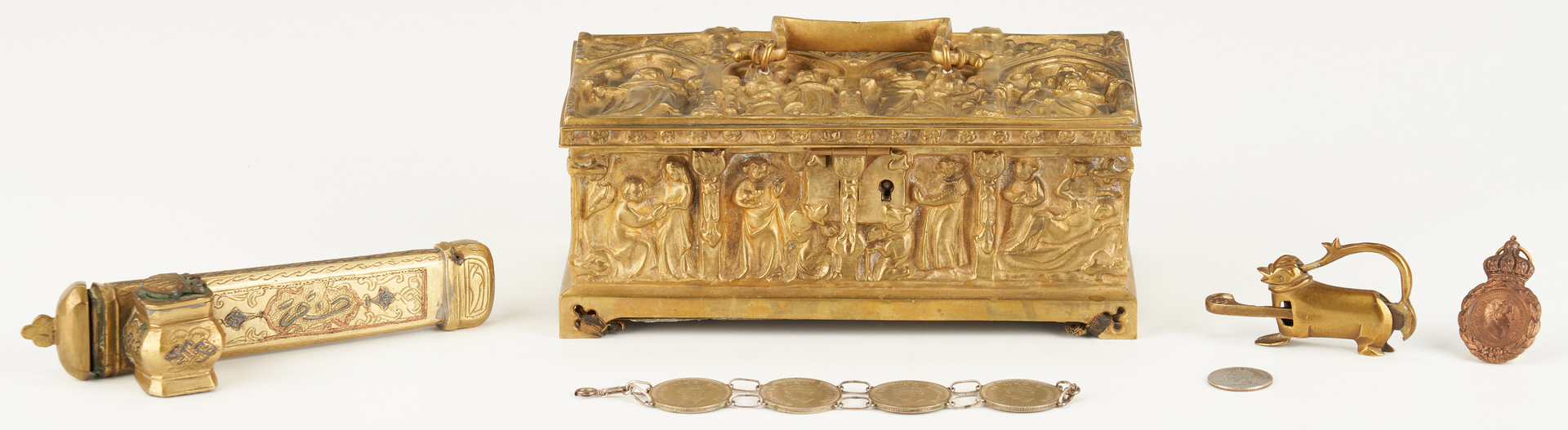 Lot 243: 5 Decorative Bronze and Brass Items, incl. Neo Gothic Box
