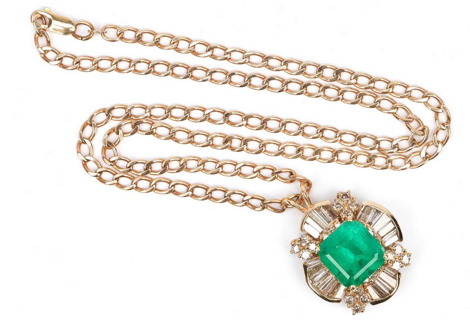 Lot 255: Ladies 11 Carat Emerald, Gold, & Diamond Pendant & Necklace
