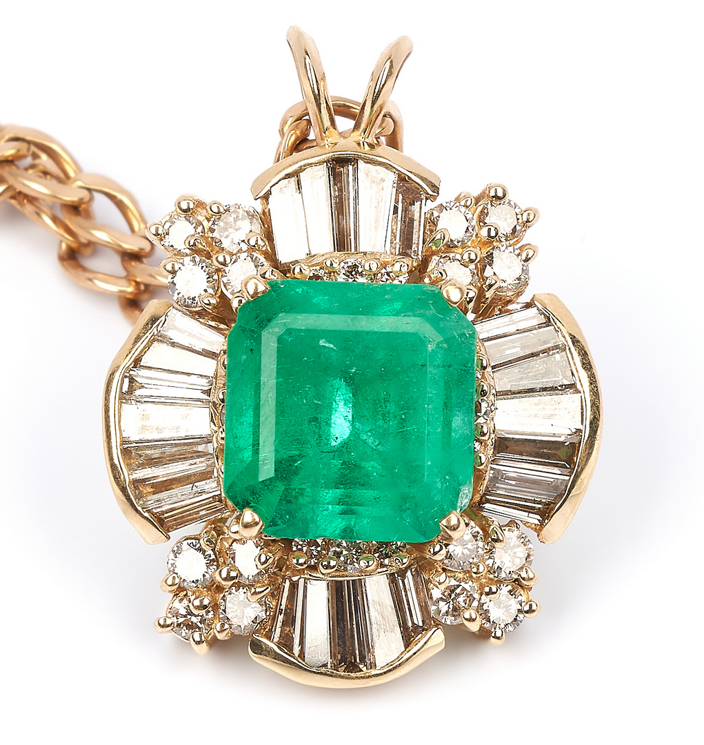 Lot 255: Ladies 11 Carat Emerald, Gold, & Diamond Pendant & Necklace