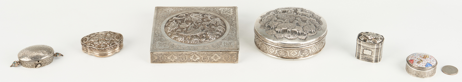 Lot 26: 6 Small Boxes, most Persian Silver