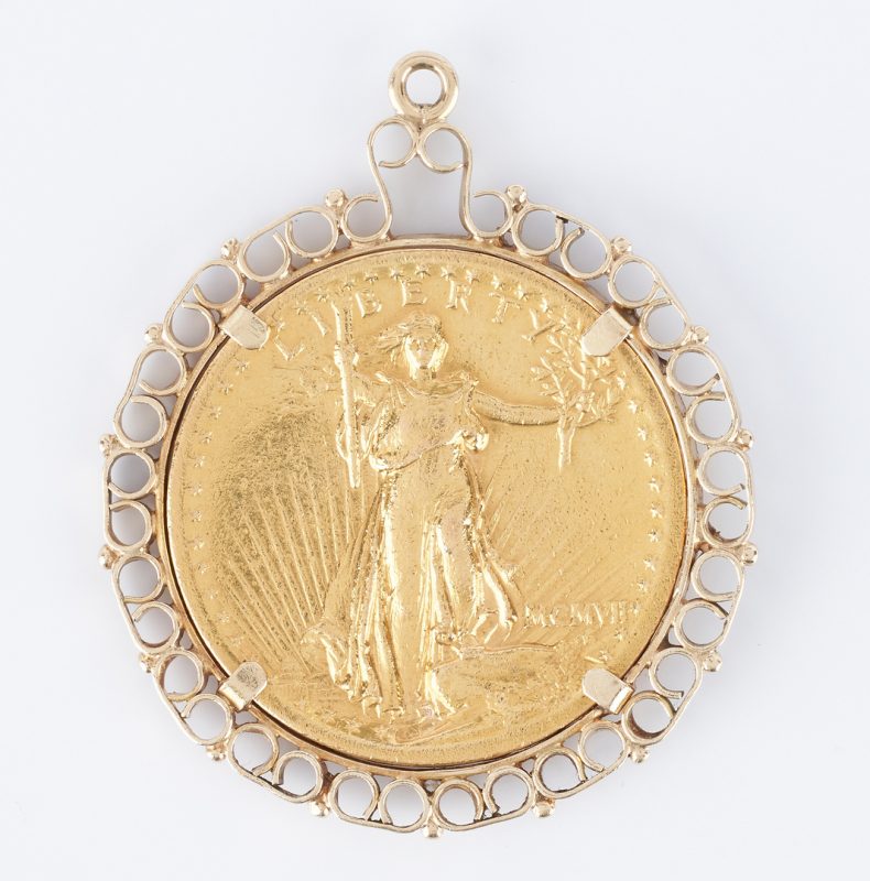 Lot 274: 1907 $20 Gold Coin w/ 14K Bezel