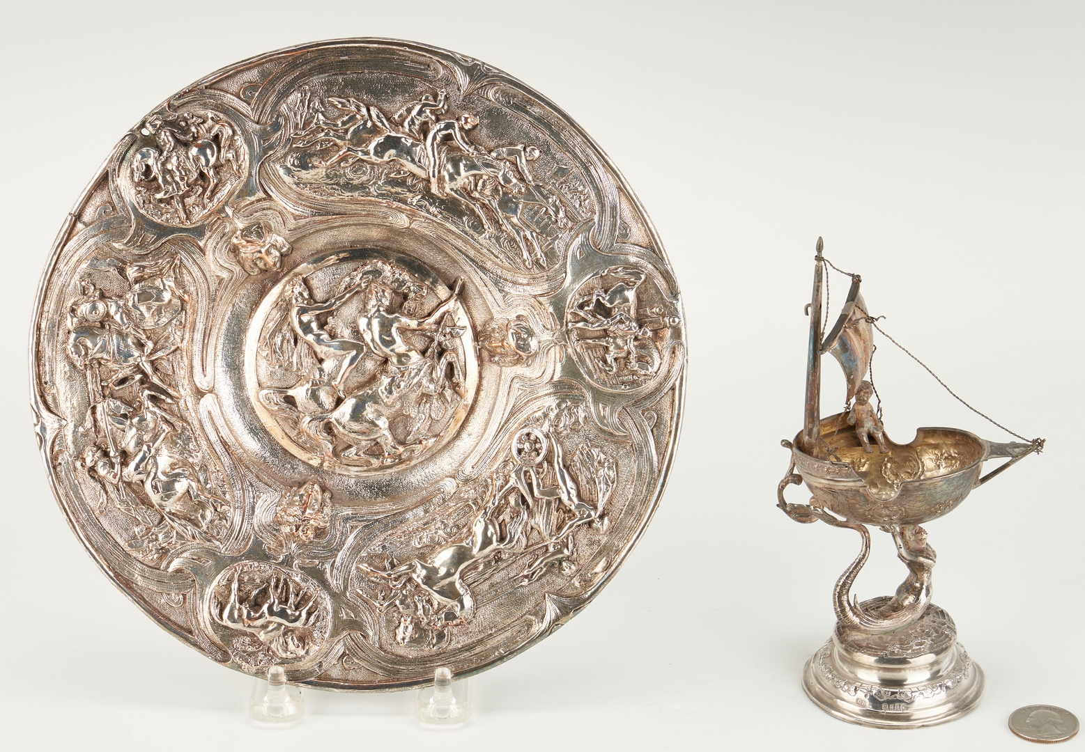 Lot 276: Continental Silver Salt Nef and Horse Motif plate