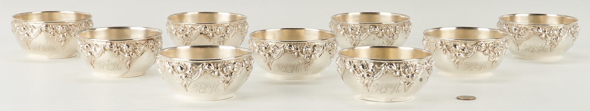 Lot 285: Set of 9 Wallace Sterling Silver Repousse Bowls