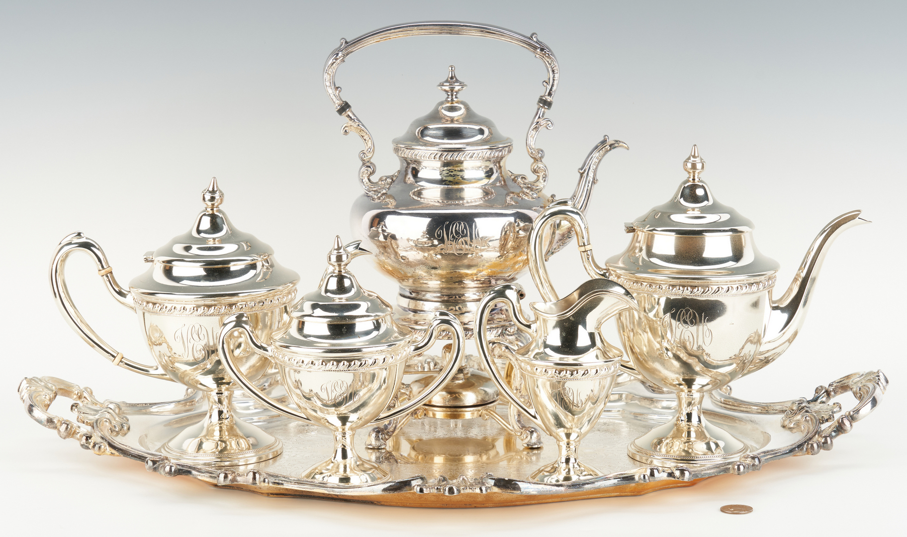 Lot 287: 5 pc. Reed & Barton Sterling Tea Set w/ SP Kettle and Tray