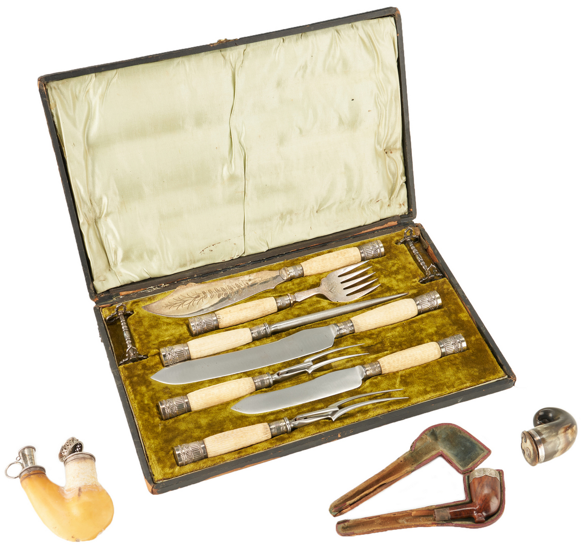 Lot 299: Horn and Silver Carving set, Snuff Mull, & Pipes