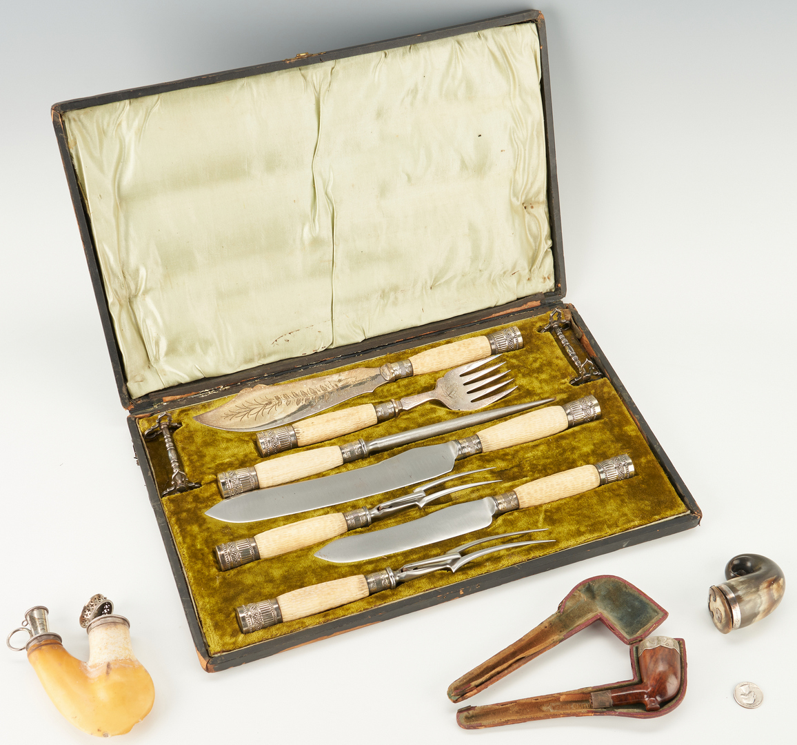 Lot 299: Horn and Silver Carving set, Snuff Mull, & Pipes