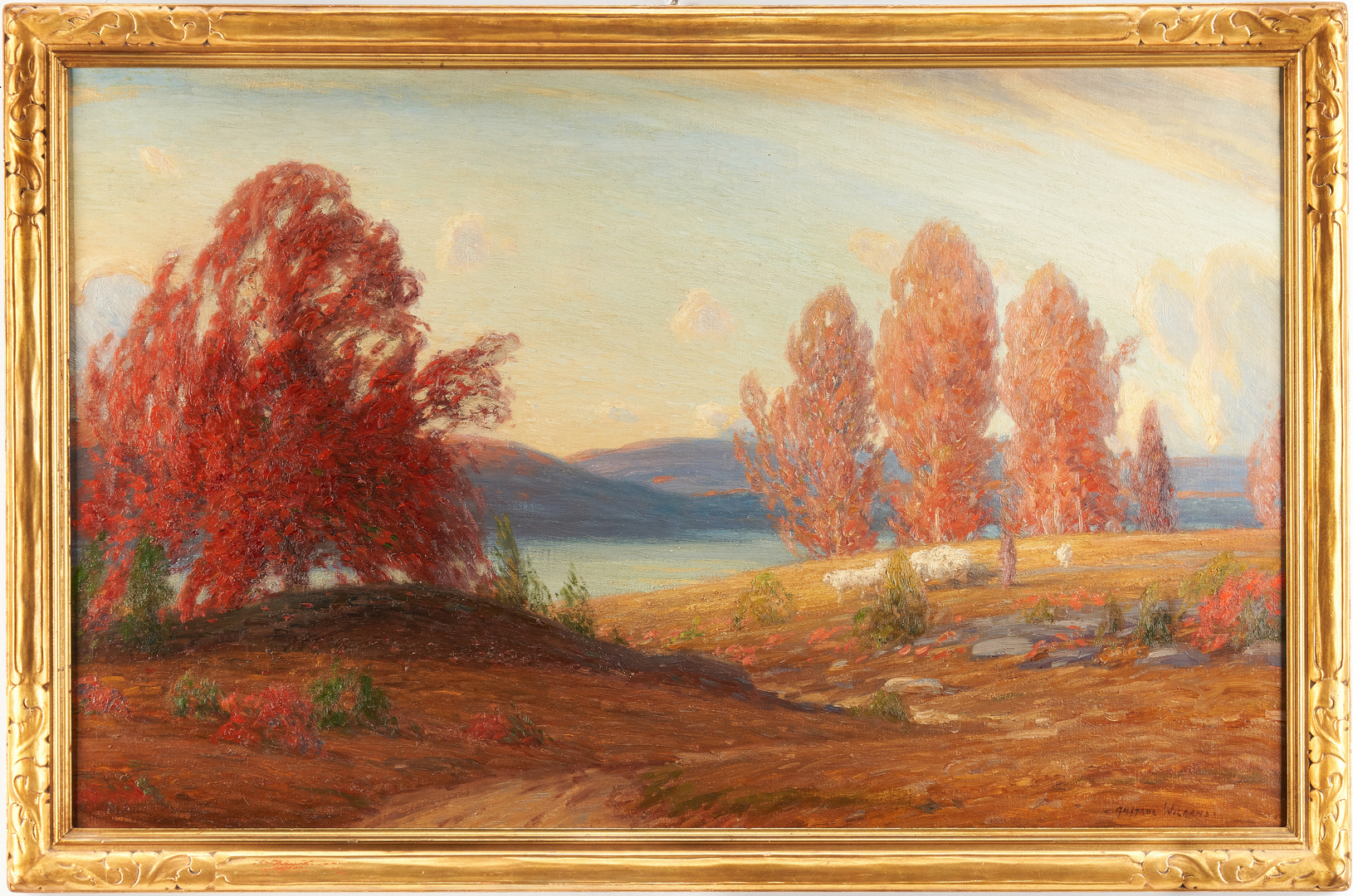 Lot 360: Gustave Wiegand O/C Painting, Autumn Landscape w/ Sheep