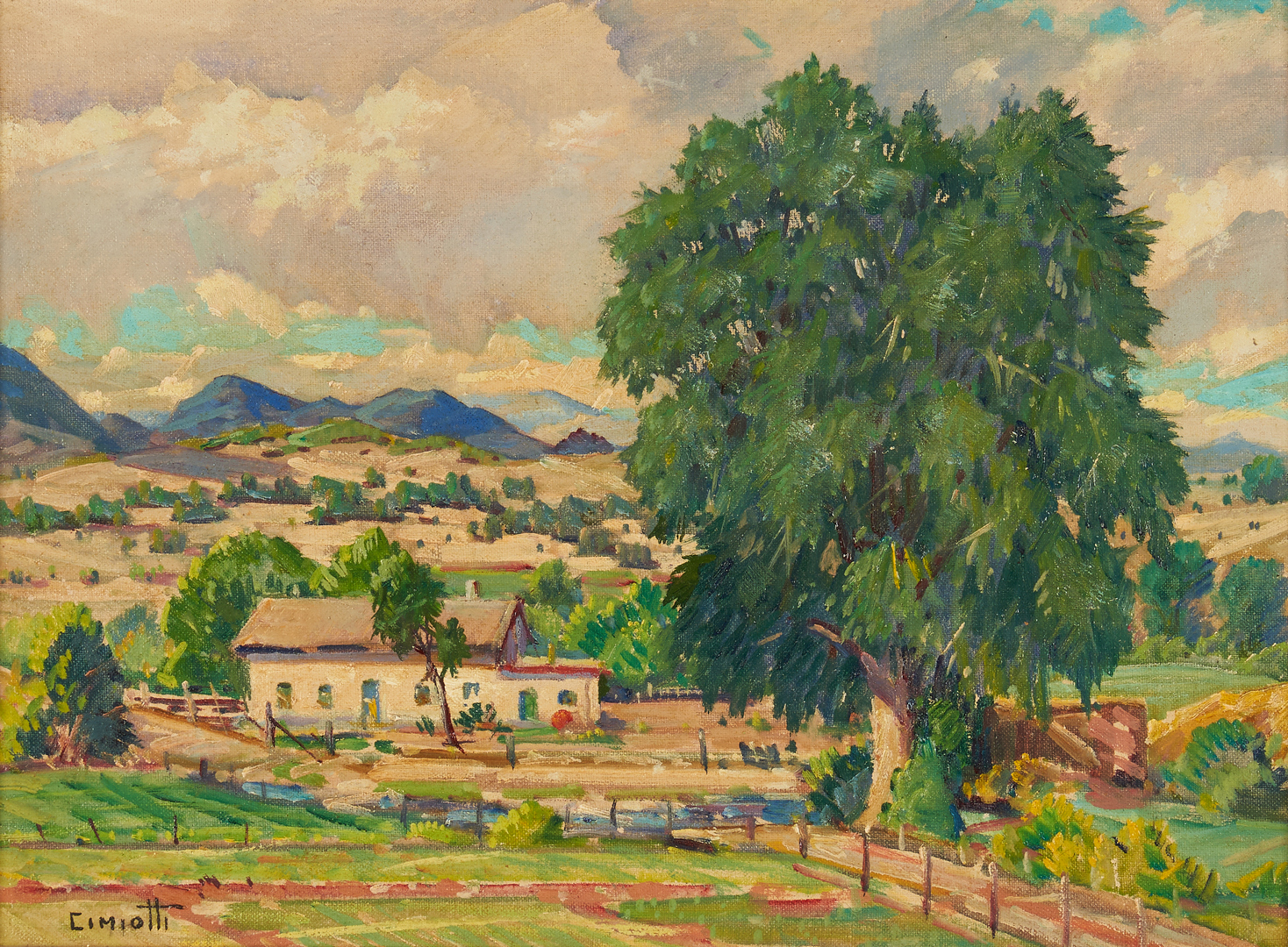 Lot 361: Exhibited Gustave Cimiotti, Jr. O/B Landscape, Farm Amongst Hills