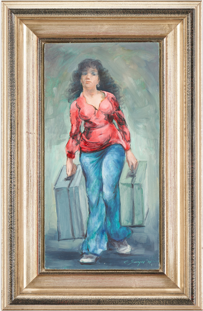 Lot 366: Clyde Singer O/B Painting, Girl with Luggage