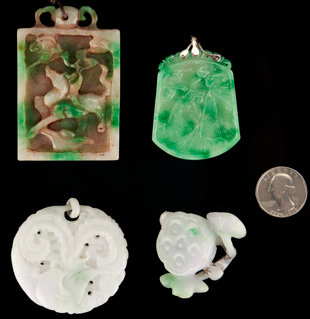 Lot 390: 4 Chinese Jade pendants inc. 14K and diamond