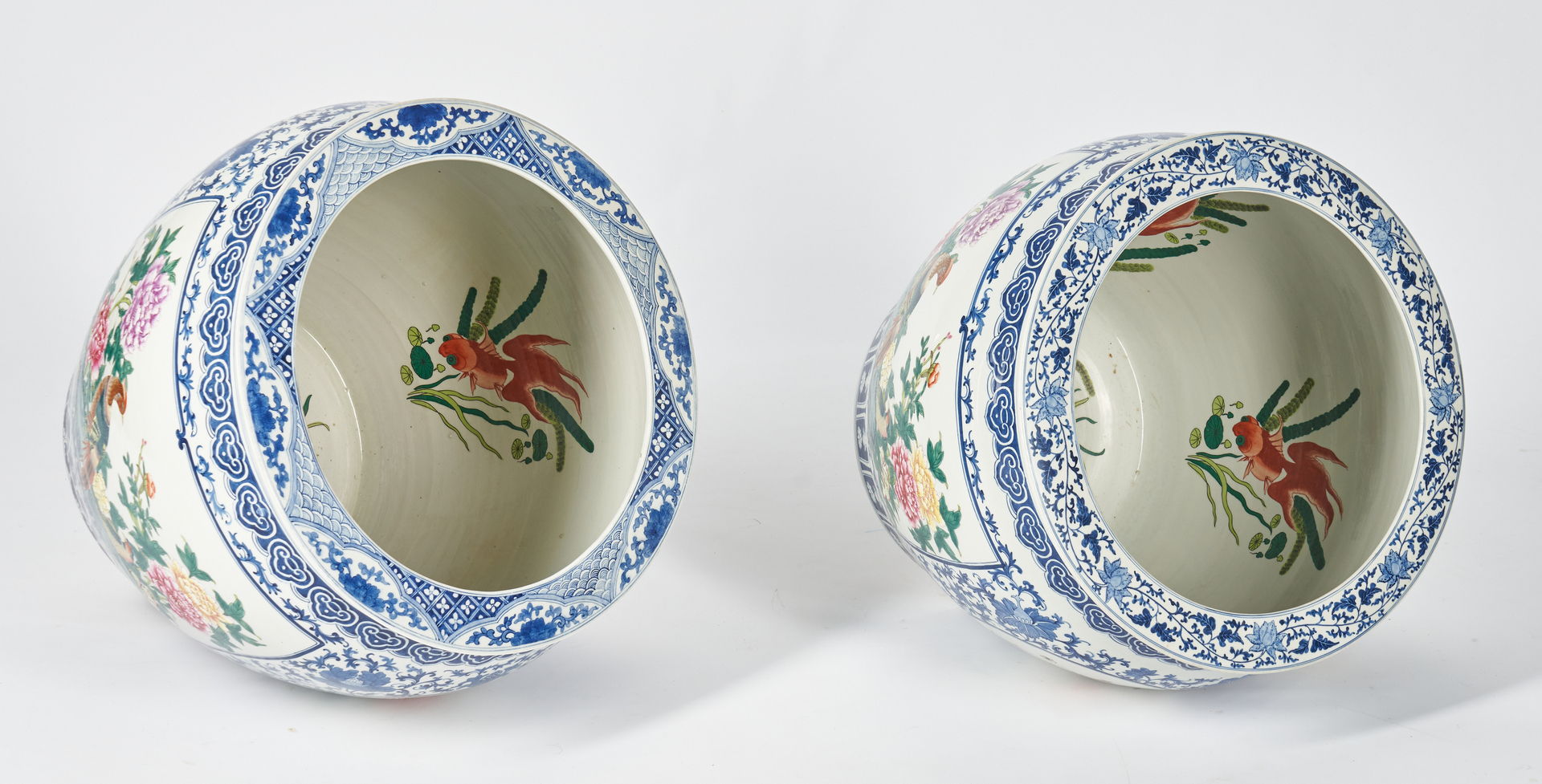Lot 394: Near Pair of Blue and White Porcelain Fish Bowls