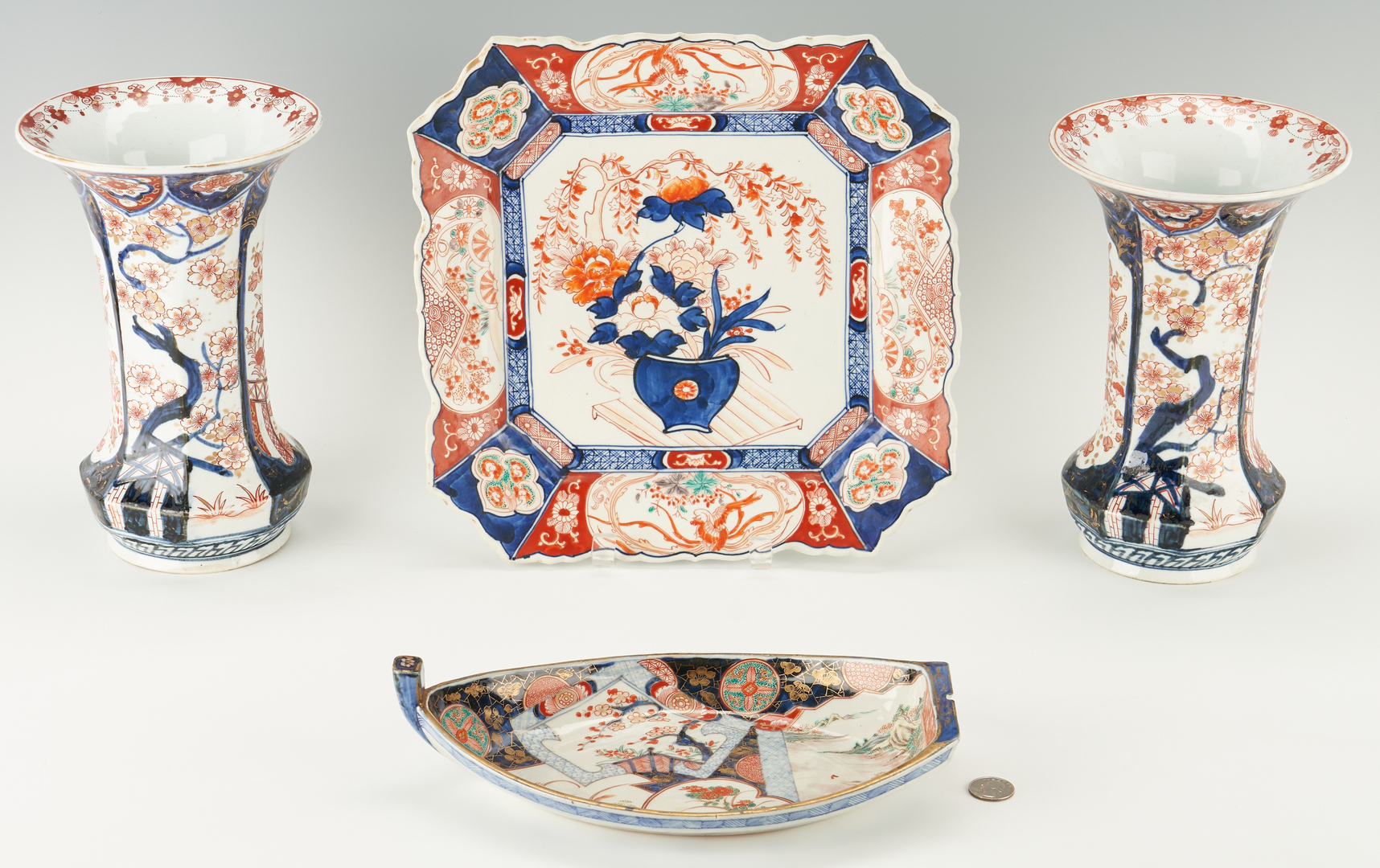 Lot 396: Pair of Imari Porcelain Vases, Boat and Square Dishes