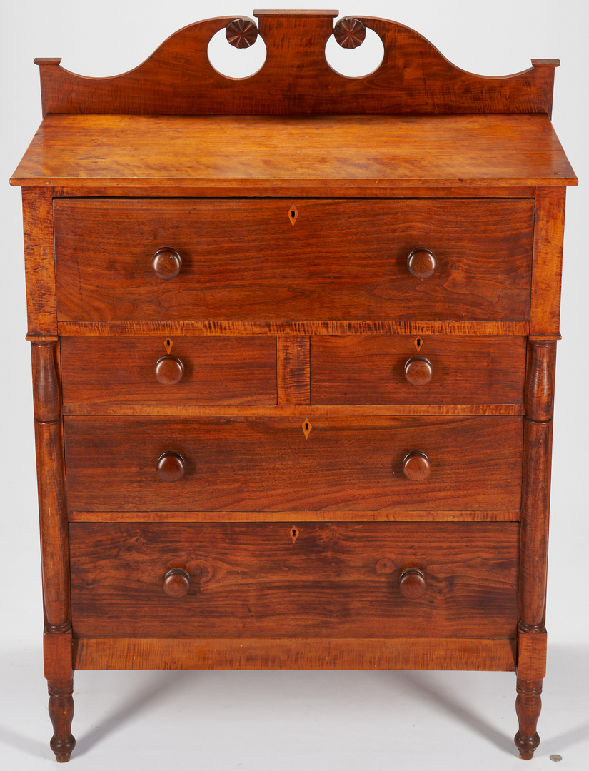 Lot 427: Southern Tiger Maple Chest with Carved Backsplash