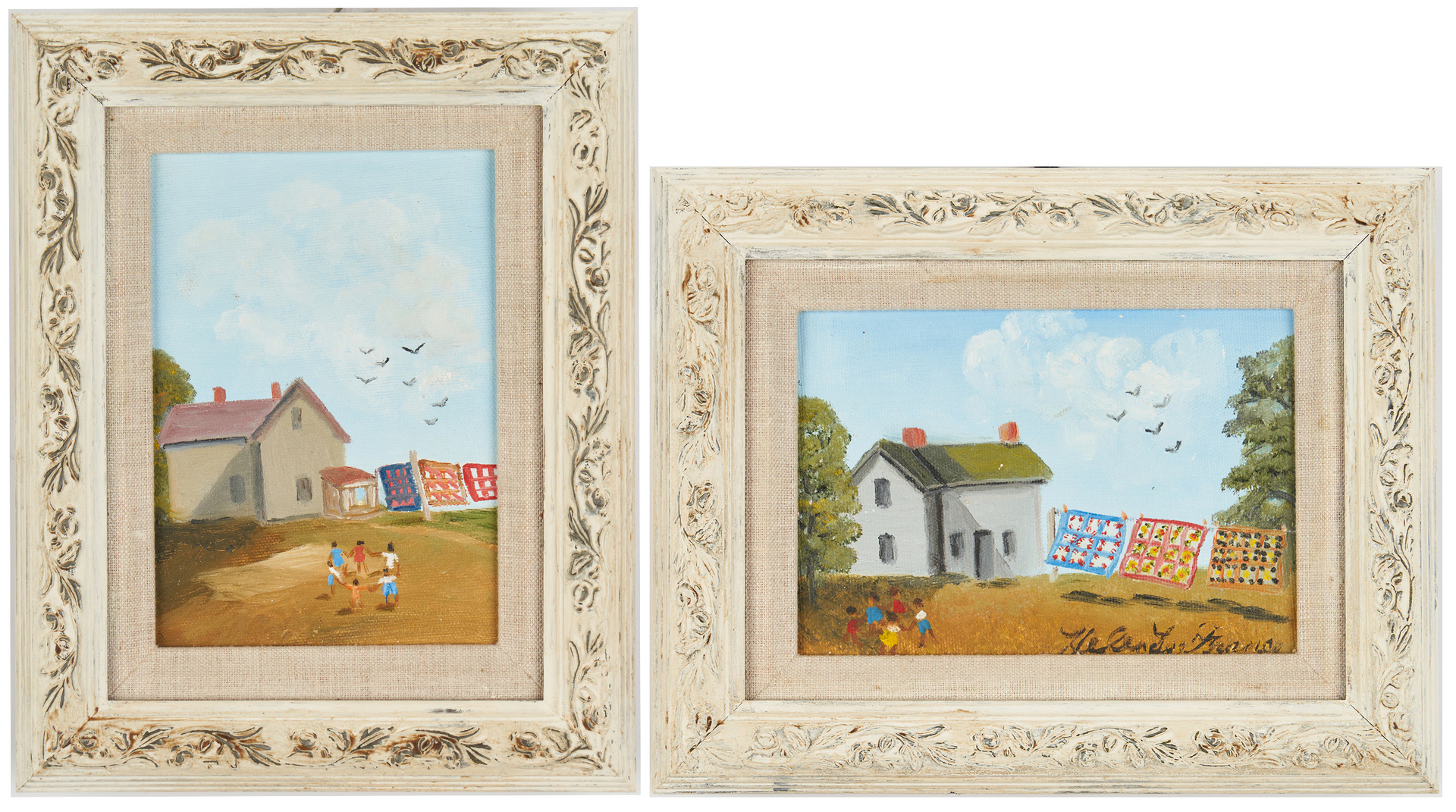 Lot 442: 2 Small Helen LaFrance Paintings, Quilts on a Line