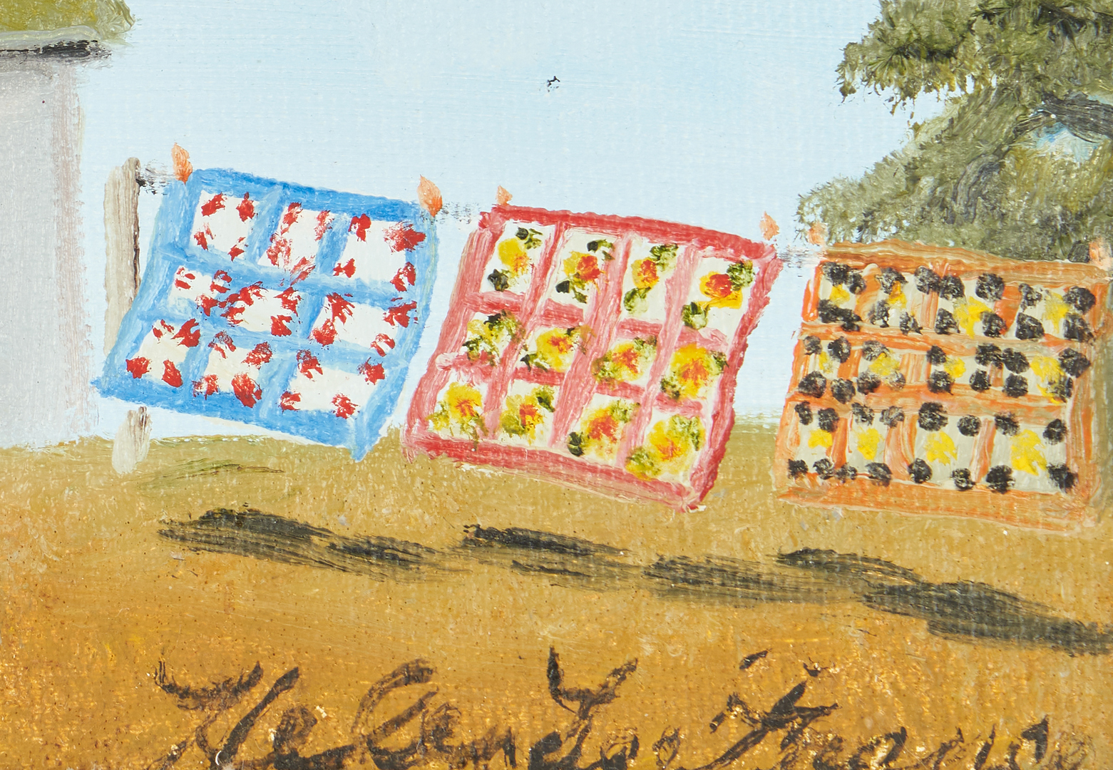 Lot 442: 2 Small Helen LaFrance Paintings, Quilts on a Line