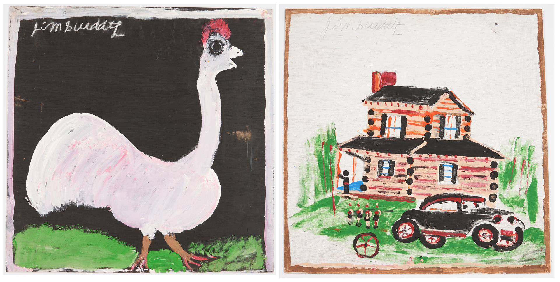 Lot 446: 2 J.L. Sudduth Folk Art Paintings, Log Cabin & Chicken