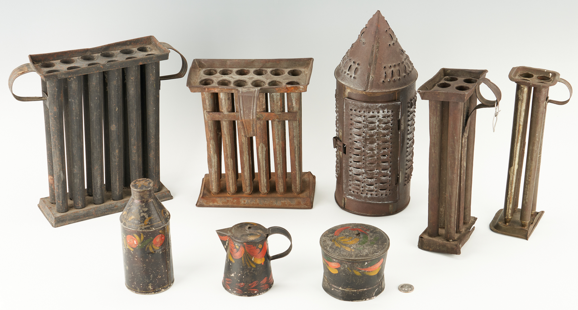 Lot 454: Group of 19th C. Tin incl. Toleware, Candle Molds