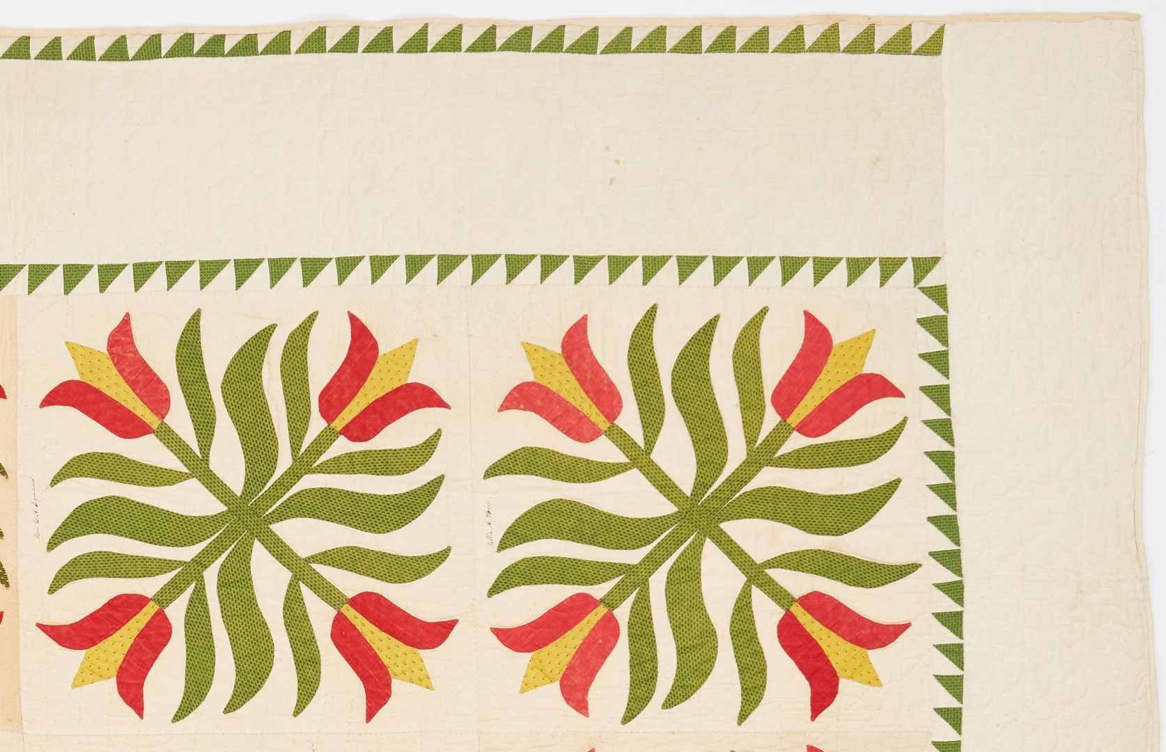 Lot 472: Pair of Tulip Quilts, Signed, attr. Pennsylvania