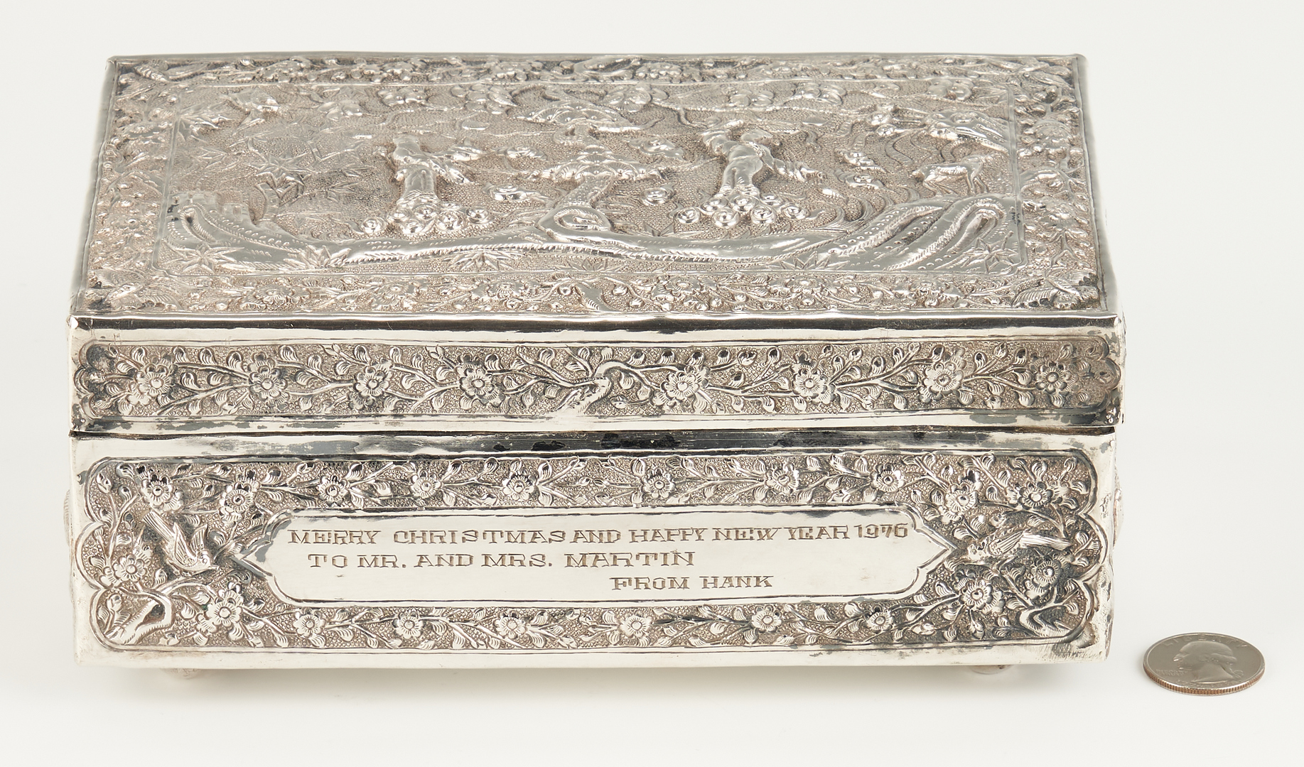 Lot 4: Asian Silver Repousse Box w/ Inscription