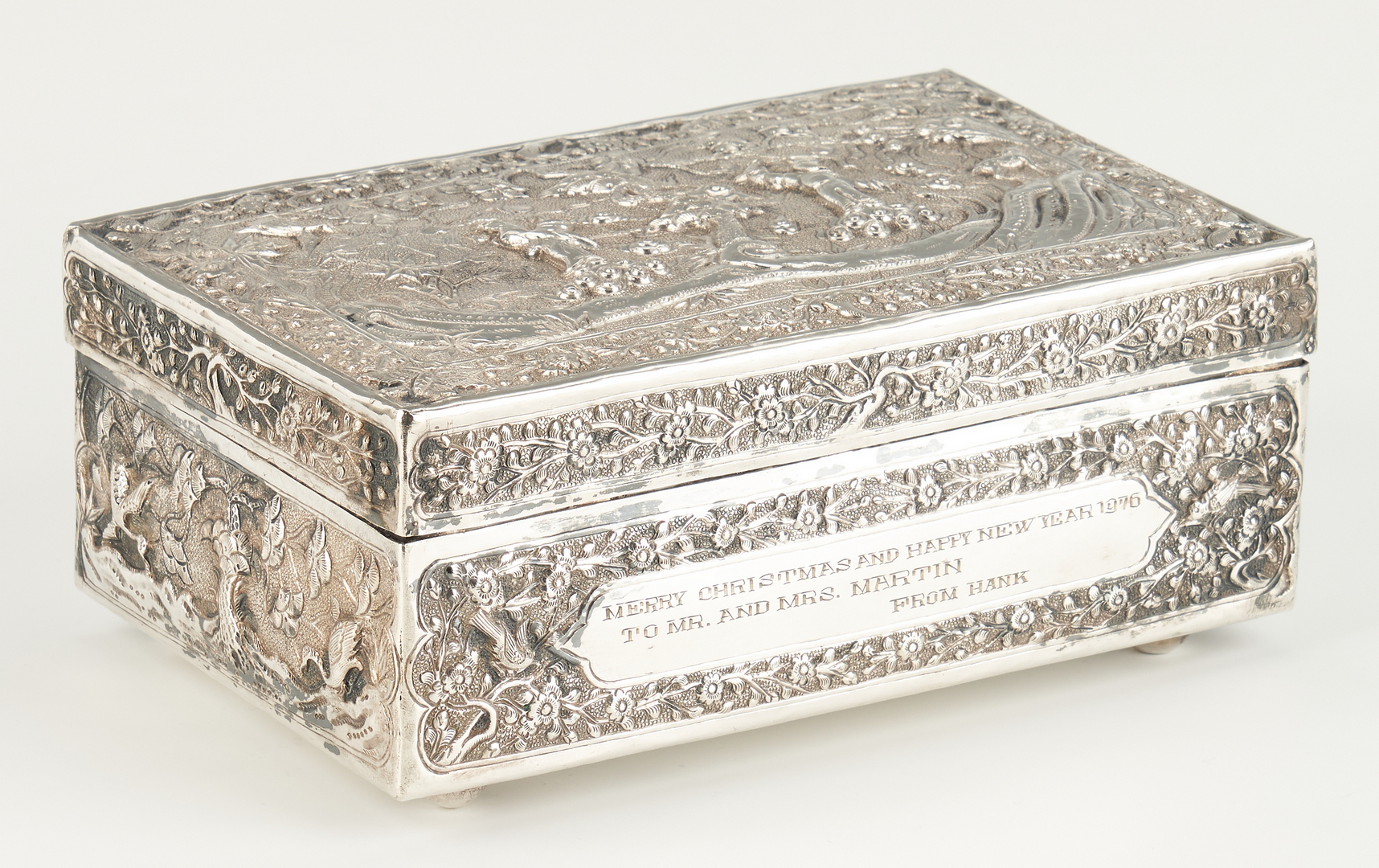 Lot 4: Asian Silver Repousse Box w/ Inscription