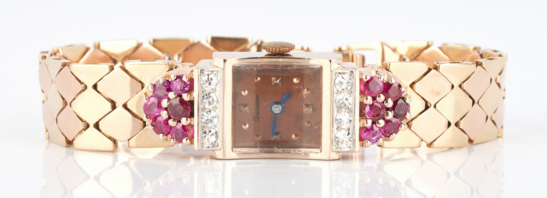 Lot 500: Ladies Tourneau 14K Gold, Ruby, and Diamond Watch