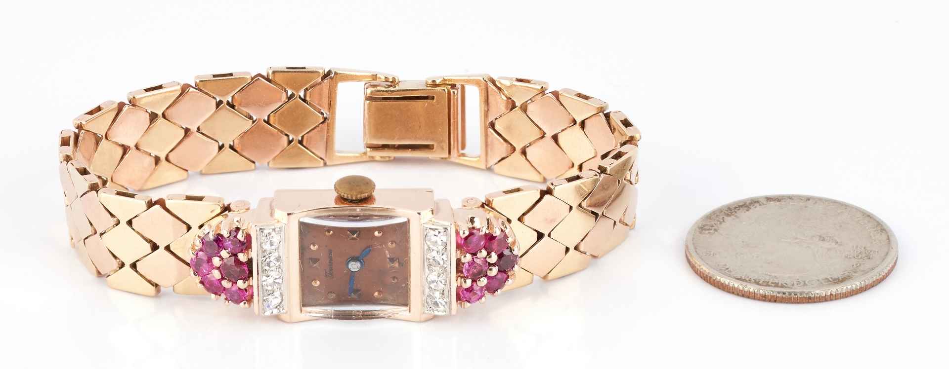Lot 500: Ladies Tourneau 14K Gold, Ruby, and Diamond Watch